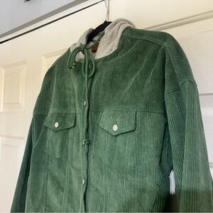 POL Green Hooded Corduroy Jacket Coat Womens Size Medium Lined Grey Gray